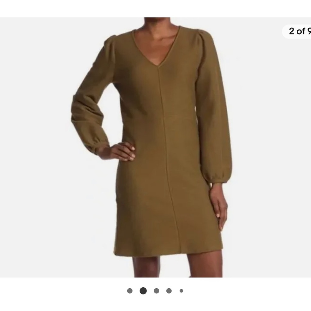Madewell balloon sleeve ponte textured vneck dress in olive green